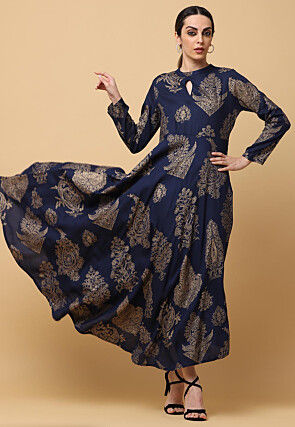 Golden Printed Rayon Long Kurta in Navy Blue