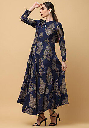 Golden Printed Rayon Long Kurta in Navy Blue