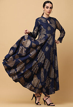 Golden Printed Rayon Long Kurta in Navy Blue
