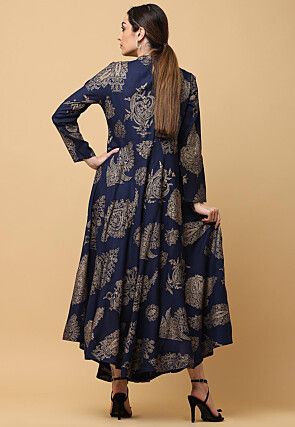 Golden Printed Rayon Long Kurta in Navy Blue