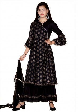 Golden Printed Rayon Pakistani Suit in Black