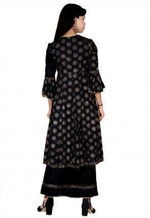 Golden Printed Rayon Pakistani Suit in Black