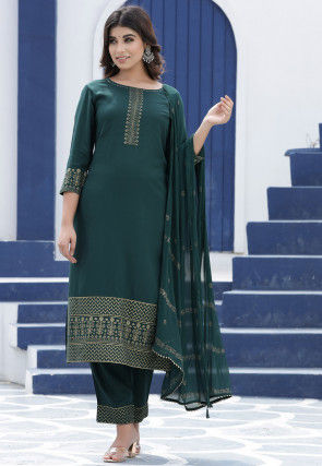 Bottle Green Rayon Embroidered Stitched Flared Suit Set, Radhika-LS-2008