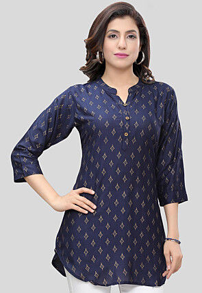 Golden Printed Rayon Tunic in Navy Blue
