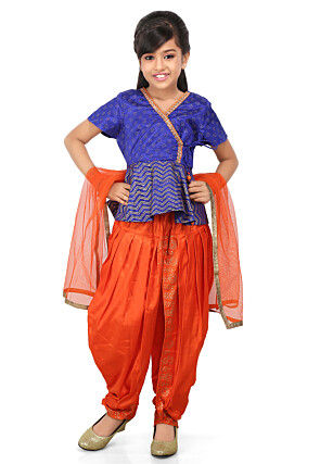 Golden Printed Shantoon Angrakha Style Suit in Royal Blue
