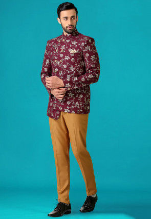 Golden Printed Terry Rayon Asymmetric Jodhpuri Suit in Wine
