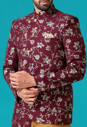 Golden Printed Terry Rayon Asymmetric Jodhpuri Suit in Wine