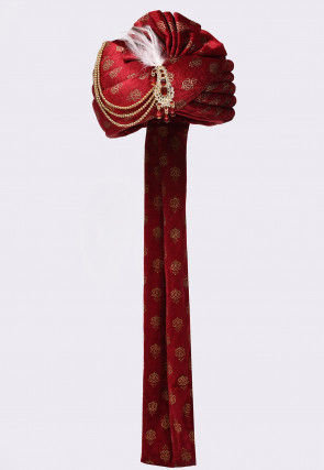 Golden Printed Velvet Turban in Red