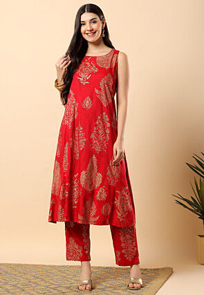 Golden Printed Viscose Cotton Co Ord Set in Maroon