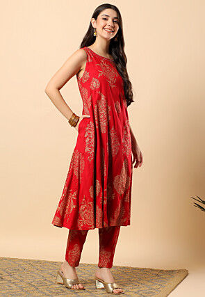 Golden Printed Viscose Cotton Co Ord Set in Maroon