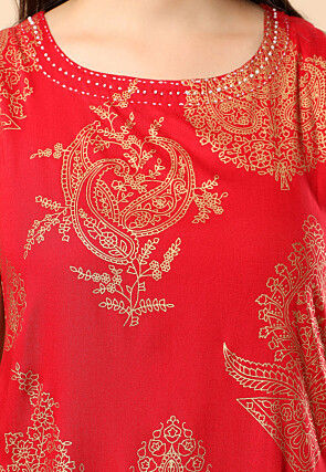 Golden Printed Viscose Cotton Co Ord Set in Maroon