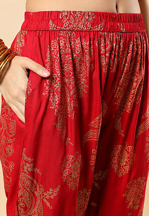 Golden Printed Viscose Cotton Co Ord Set in Maroon