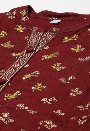 Golden Printed Viscose Rayon Anarkali Kurta in Maroon