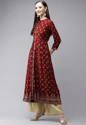 Golden Printed Viscose Rayon Anarkali Kurta in Maroon