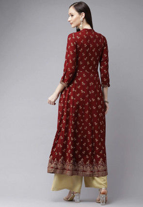Golden Printed Viscose Rayon Anarkali Kurta in Maroon