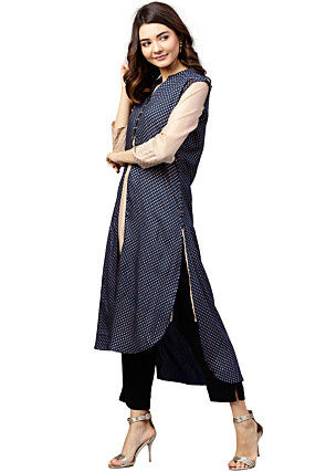 Golden Printed Viscose Rayon High Low Shrug in Navy Blue