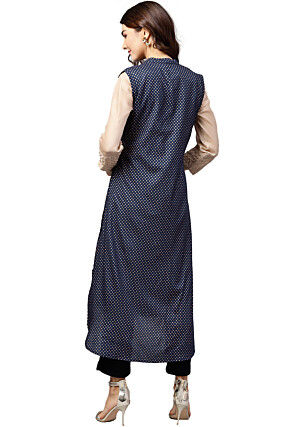 Golden Printed Viscose Rayon High Low Shrug in Navy Blue