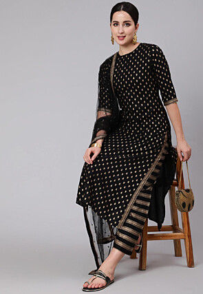 Golden Printed Viscose Rayon Pakistani Suit in Black