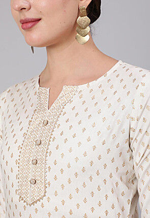 Golden Printed Viscose Rayon Pakistani Suit in Off White