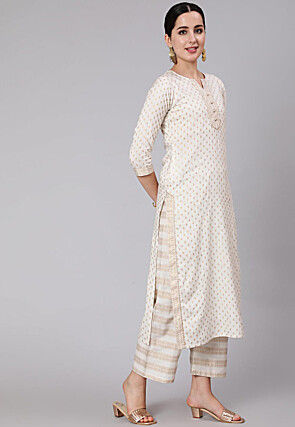 Golden Printed Viscose Rayon Pakistani Suit in Off White