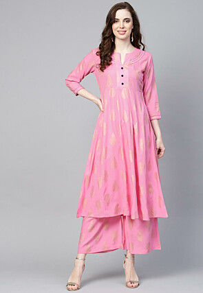Golden Printed Viscose Rayon Pakistani Suit in Pink