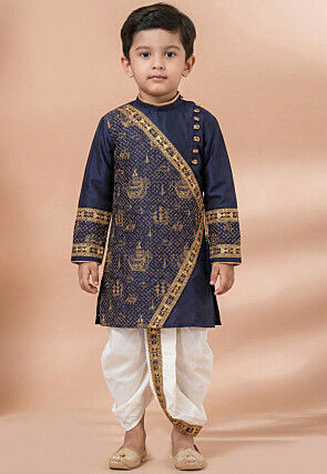 Golden Printed Viscose Silk Kurta Dhoti Set in Navy Blue