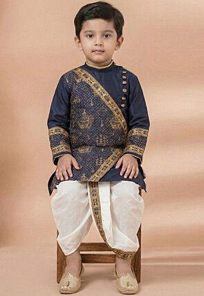 Golden Printed Viscose Silk Kurta Dhoti Set in Navy Blue