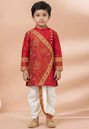 Golden Printed Viscose Silk Kurta Dhoti Set in Red