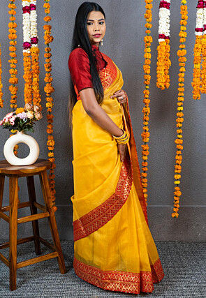 Gota Embellished Art Kota Tissue Saree in Mustard
