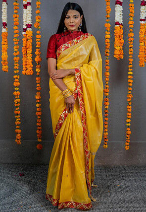 Gota Embellished Art Kota Tissue Saree in Yellow