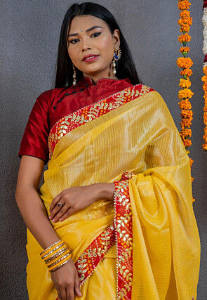 Gota Embellished Art Kota Tissue Saree in Yellow
