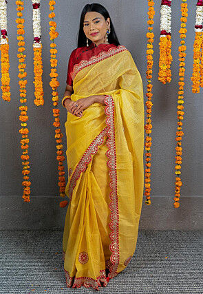 Gota Embellished Art Kota Tissue Saree in Yellow