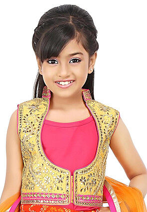 Gota Embellished Art Silk Jacket in Yellow