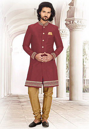 Gota Embellished Art Silk Sherwani in Maroon