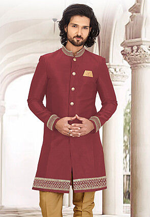 Gota Embellished Art Silk Sherwani in Maroon