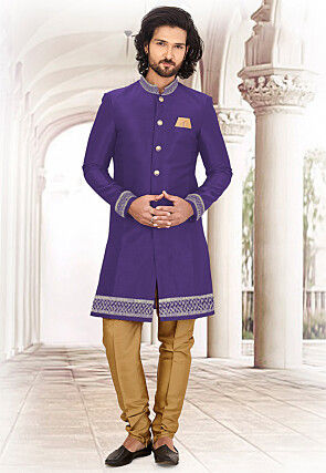 Gota Embellished Art Silk Sherwani in Purple