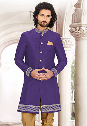 Gota Embellished Art Silk Sherwani in Purple