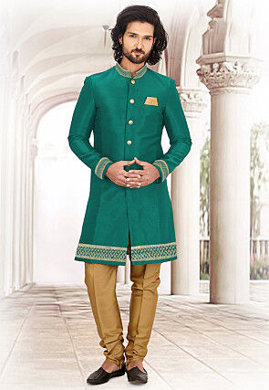 Gota Embellished Art Silk Sherwani in Teal Green
