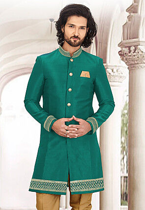 Gota Embellished Art Silk Sherwani in Teal Green