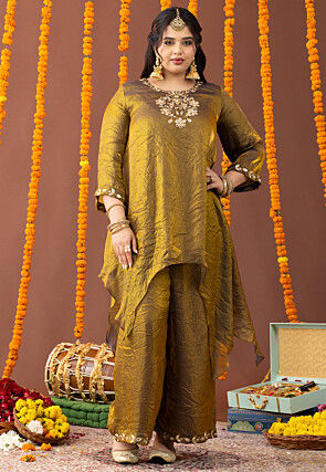 Gota Embellished Art Silk Crushed Asymmetric Tunic Set in Mustard