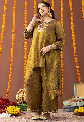Gota Embellished Art Silk Crushed Asymmetric Tunic Set in Mustard