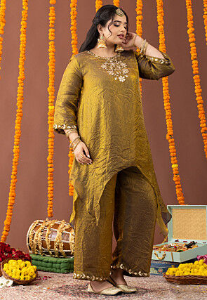 Gota Embellished Art Silk Crushed Asymmetric Tunic Set in Mustard