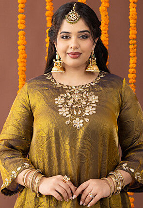 Gota Embellished Art Silk Crushed Asymmetric Tunic Set in Mustard