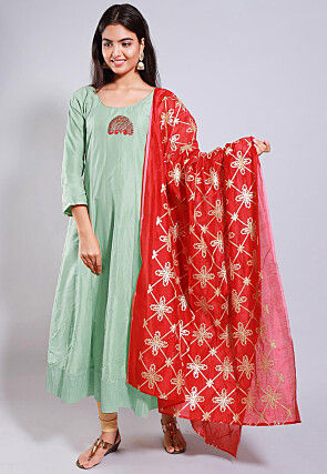 Gota Embellished Chanderi Cotton Dupatta in Red