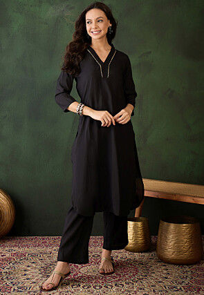 Gota Embellished Chanderi Silk Straight Kurta Set in Black