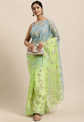 Gota Embellished Chiffon Saree in Shaded Blue and Green
