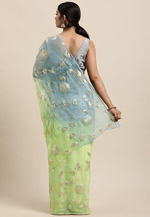 Gota Embellished Chiffon Saree in Shaded Blue and Green