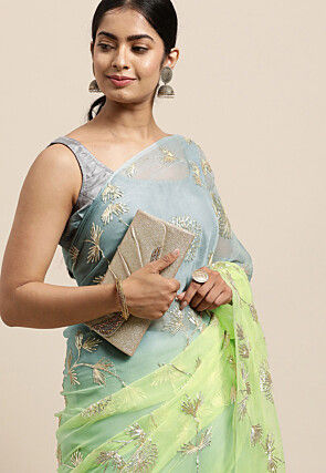 Gota Embellished Chiffon Saree in Shaded Blue and Green