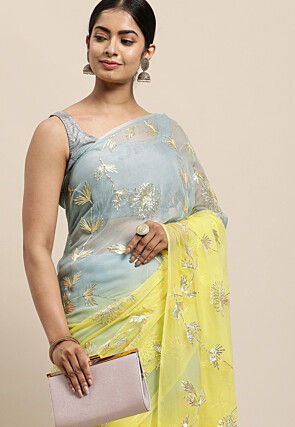 Gota Embellished Chiffon Saree in Shaded Blue and Yellow
