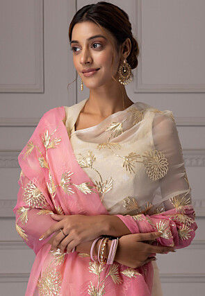 Gota Embellished Chiffon Saree in Shaded Cream and Pink